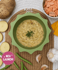 Baby mashed potato with salmon and green beans, halal frozen baby food for 6 months onwards