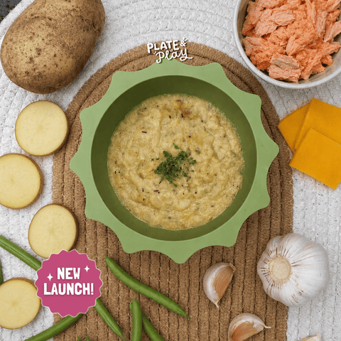 Baby mashed potato with salmon and green beans, halal frozen baby food for 6 months onwards