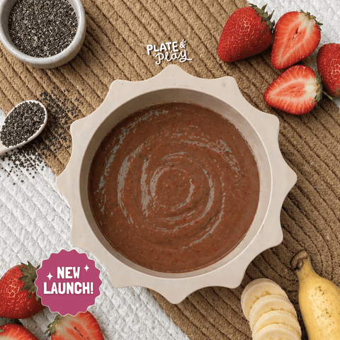 
Banana strawberry chia seed puree, halal baby food for starting solids
