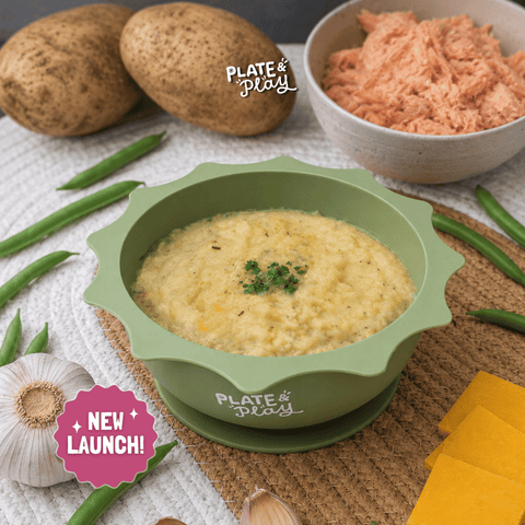 Toddler mashed potato with salmon and green beans, halal frozen toddler meal Singapore