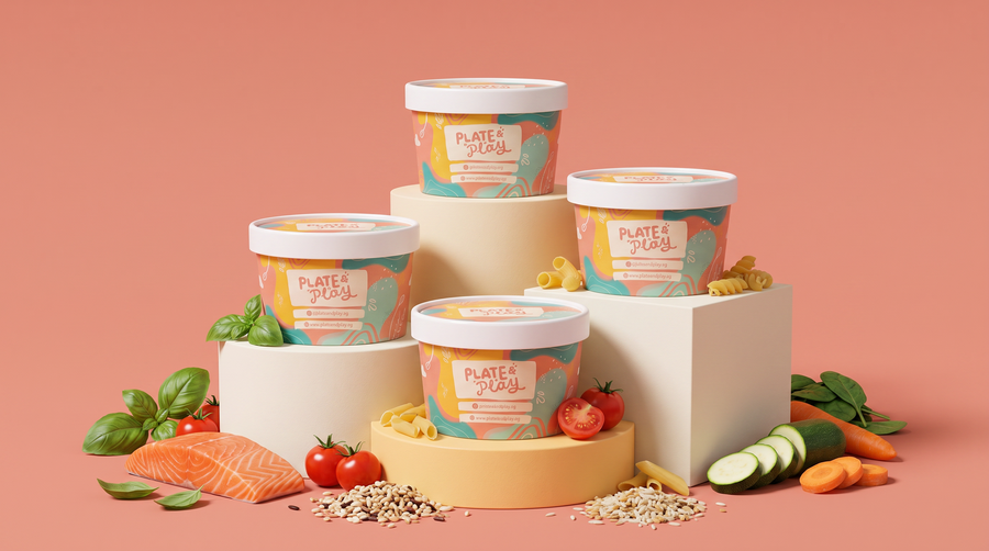 Three Plate and Play tubs on stepped plinths with fresh salmon, tomatoes, basil, carrot and pasta around them